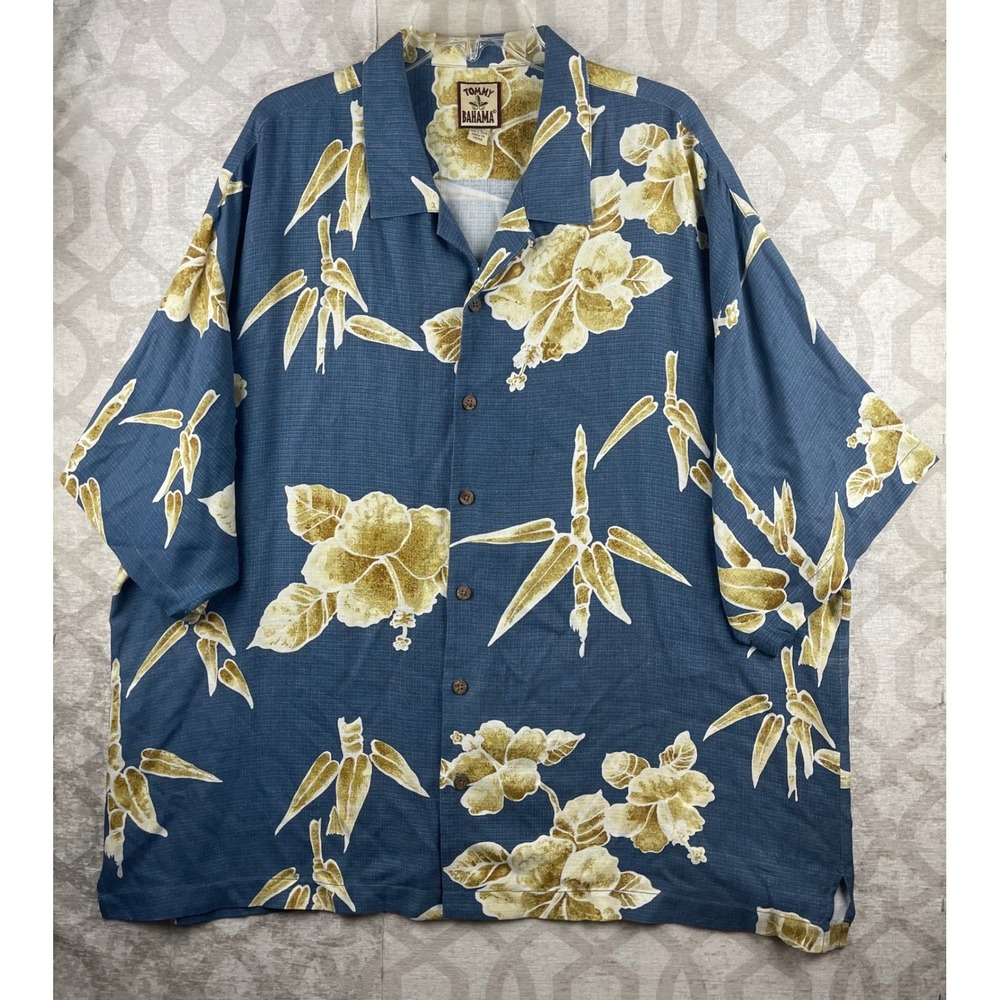 Tommy Bahama Mens XXL Blue Gold Floral Bamboo 100% Silk Camp Shirt Excellent